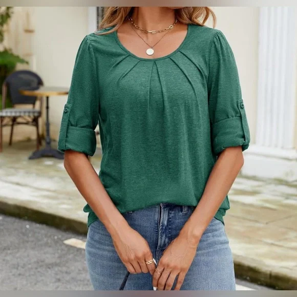 Long Sleeve Shirts for Women Fall Pleated Front Round Neck  3/4 Roll Up Sleeve - Picture 2 of 4